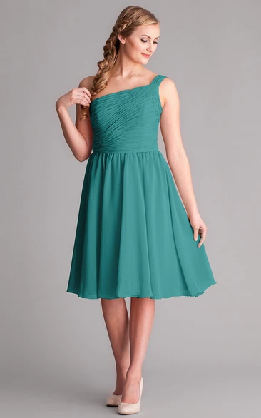 Ruched One-Shoulder Sleeveless Chiffon Bridesmaid Dress Knee-Length