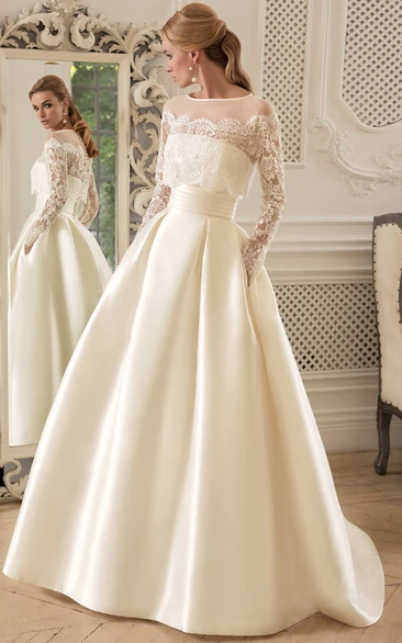 Satin A Line Floor-length Long Sleeve Wedding Dress with Ruching Modern & Chic