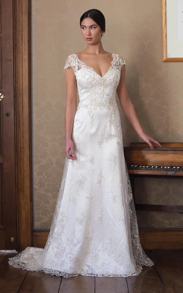 Embroidered V-Neck Lace Wedding Dress with Beading Cap-Sleeve Sheath Wedding Dress