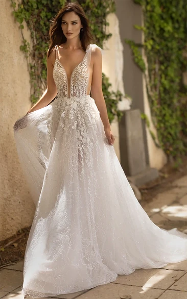 Bohemian Lace A-Line Wedding Dress with Plunging Neckline and Open Back