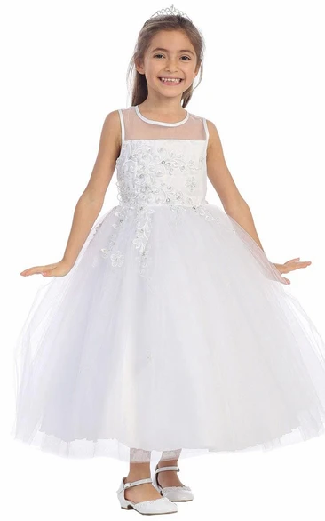 Ankle-Length Floral Tulle&Lace Flower Girl Dress Beaded Elegant 2024