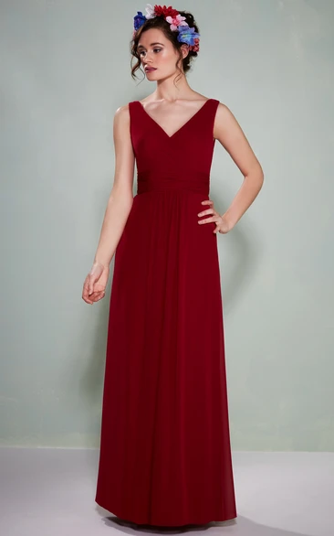 Ruched Chiffon Bridesmaid Dress with Illusion Back and V-Neck