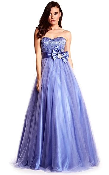 Sequined A-Line Sweetheart Prom Dress Sleeveless Long Tulle & Satin Bow Women