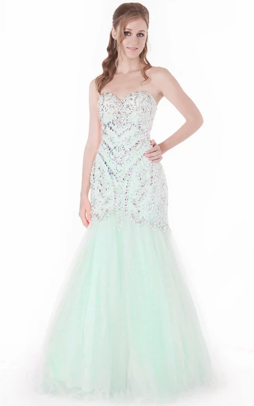 Beaded Sweetheart Trumpet Tulle Prom Dress Sleeveless Long