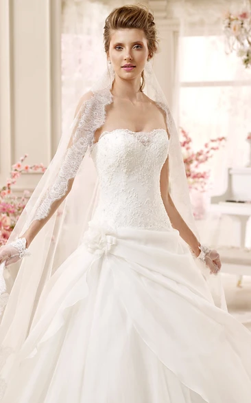 Flower Embellished Strapless A-line Wedding Dress with Asymmetrical Overlayer Classic Bridal Gown