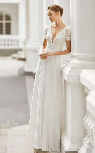 A-Line Chiffon Illusion Sleeve Wedding Dress Sexy & Romantic Bridal Gown Plunging Neckline