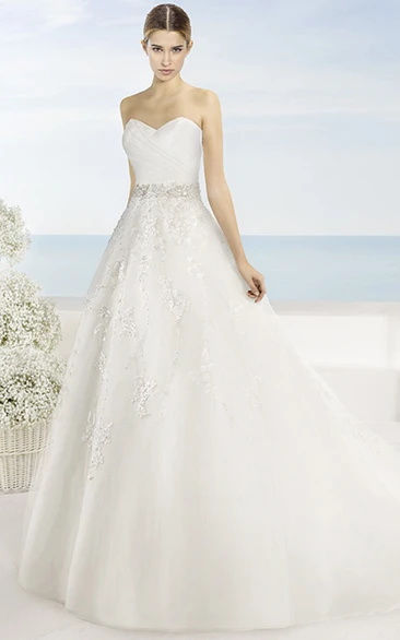 Jeweled Tulle Ball Gown Wedding Dress Maxi Sweetheart with Criss Cross and Appliques