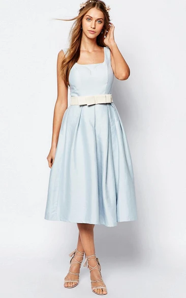 A-Line Satin Bridesmaid Dress Sleeveless Square-Neck Tea-Length Bow