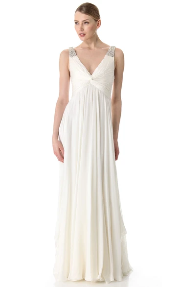 Empire Chiffon Floor-length Dress With Broad Straps Deep-V Neckline