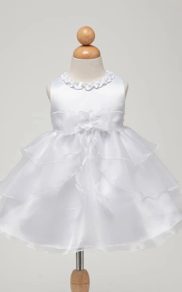 Bowed Tea-Length Organza&Satin Flower Girl Dress with Ruched Bodice