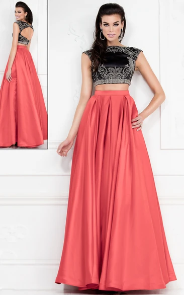 Jewel-Neck Satin A-Line Formal Dress with Beading Two-Piece Floor-Length Sleeveless