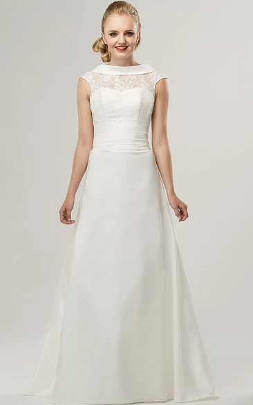 Cap-Sleeve Satin and Lace A-Line Wedding Dress with High Neck and Appliques