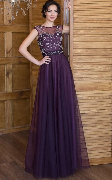 A-Line Tulle Beading Floor-Length Dress with Bateau Neckline and Short Sleeves