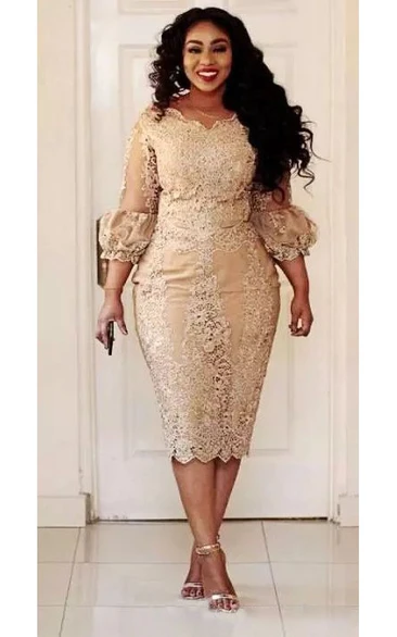 Scalloped Lace Bodycon Puff Balloon Dress Sexy Plus Size Knee-length