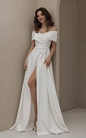 Casual Satin A-Line Wedding Dress with Off-the-shoulder Neckline Beach Garden Style