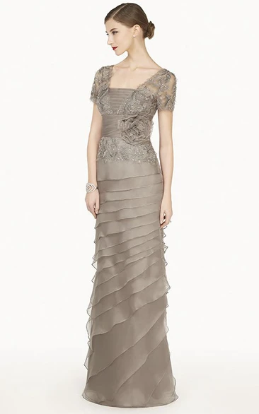 Long Empire Formal Dress with Lace Short-Sleeve Jacket Layered Skirt and Flower Sash