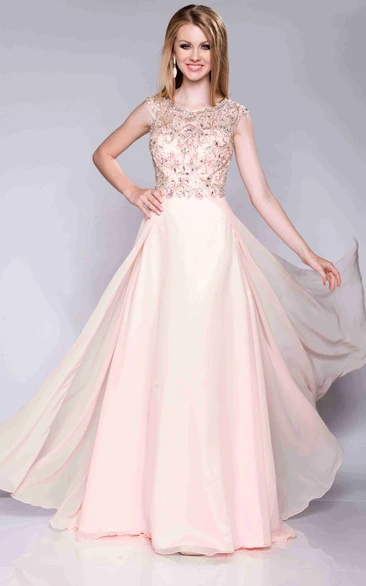 Bateau Neck Prom Dress with Cap Sleeves and Flowy A-Line Chiffon Skirt