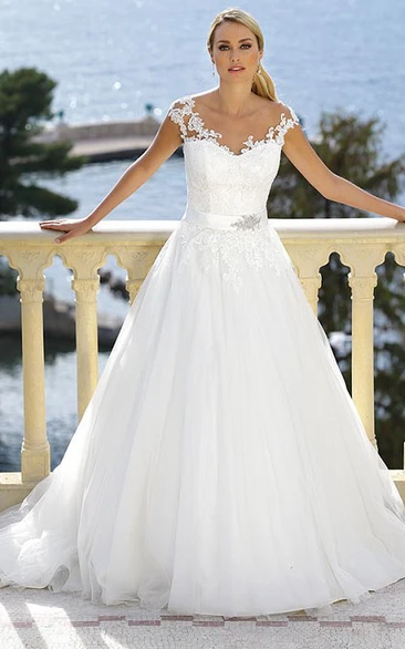 Jeweled Tulle V-Neck Floor-Length Wedding Dress with Appliques