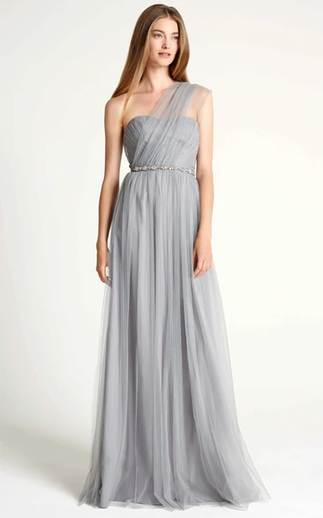 Jeweled One-Shoulder Tulle Bridesmaid Dress with Ruching Elegant Sleeveless