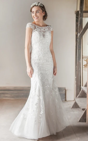 Beaded Tulle Wedding Dress with Embroidery and Illusion Long Bateau
