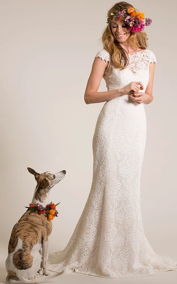Cap-Sleeve Bateau-Neck Lace Wedding Dress with Bow and V-Back