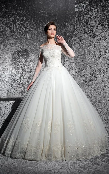 Off-The-Shoulder Ball Gown Wedding Dress with Beading and Appliques