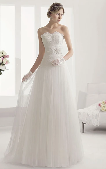 Lace Top Tulle Ball Gown with Drop Waist Elegant Wedding Dress