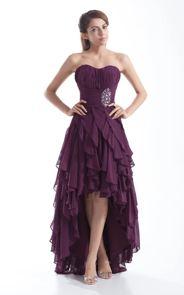 High-Low Chiffon Prom Dress with Beading and Cascading Ruffles Sleeveless Sweetheart