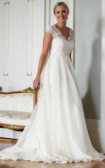 Lace & Chiffon Cap-Sleeve Wedding Dress A-Line V-Neck Floor-Length