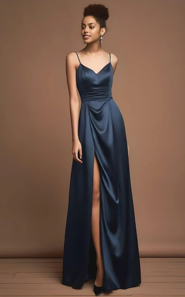 Satin Mermaid V-Neck Sleeveless Prom Dress with Front Split Sexy & Simple Prom Dress