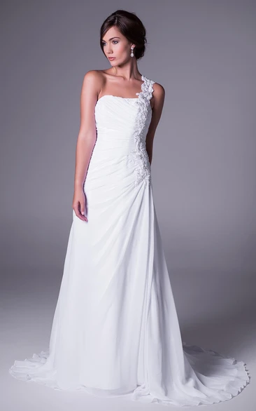 Ruched Chiffon One-Shoulder Wedding Dress Floor-Length Brush Train