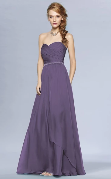 Ruched Beaded Long A-Line Bridesmaid Dress Sweetheart Style