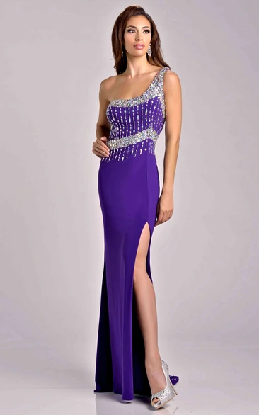 Beaded One-Shoulder Jersey Sheath Prom Dress with Side Slit