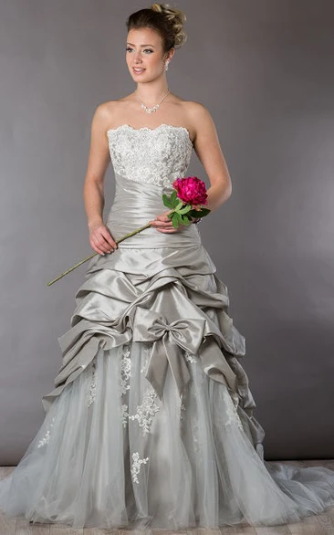 Strapless Tulle Wedding Dress with Appliqued Top Ruffled Taffeta Skirt and Bow