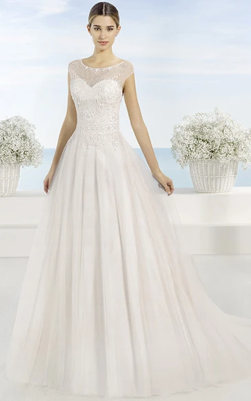 Appliqued One-Shoulder Tulle Wedding Dress Long & Flowy