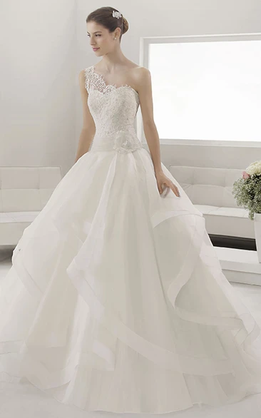 Lace Top Single Strap Bridal Gown with Layered Organza Skirt Unique Wedding Dress Women