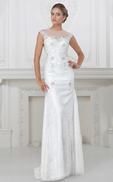 Cap-Sleeve Jewel-Neck Appliqued Lace Sheath Wedding Dress Unique Bridal Gown