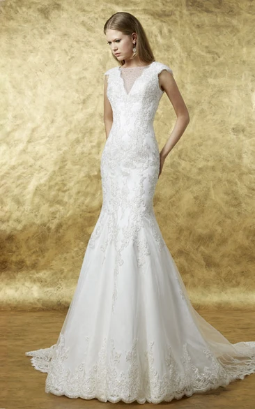 Trumpet Cap-Sleeve Lace Wedding Dress with Applique Bateau Neck and Chapel Train