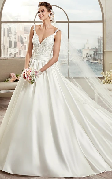 V-Neck A-Line Bridal Gown with Applique Straps and Cinched Waistband Open-Back