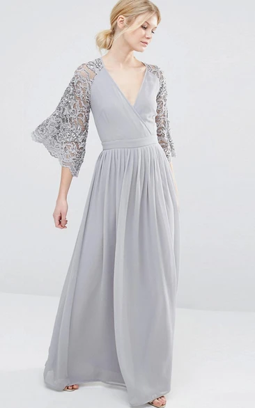 Lace Chiffon Bridesmaid Dress with Pleats V-Neck Bell Sleeve