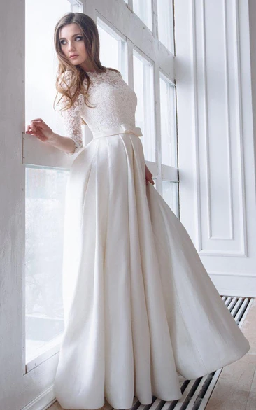 Satin A-line Wedding Dress with Lace Sleeves and Corset Back 