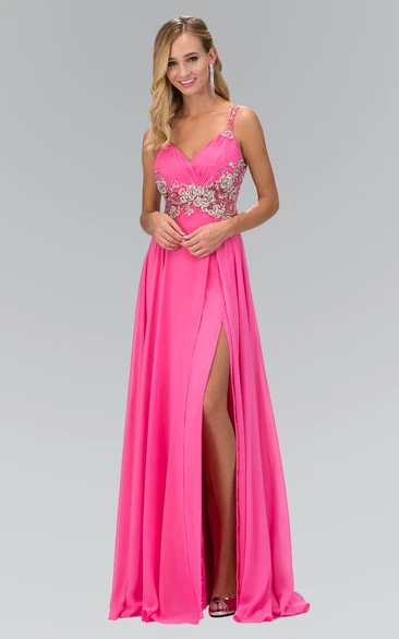 Chiffon A-Line Split Front Beaded Straps Prom Dress