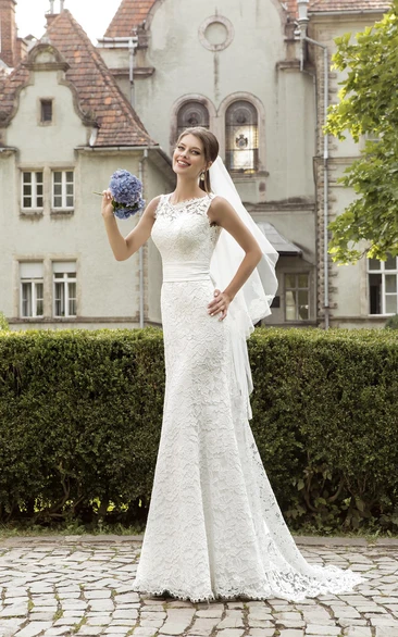 Sheath Wedding Dress with Jeweled Neckline and Ruched Waist