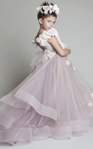Flower Girl Dress with Ruffles Sash and Floral Accents