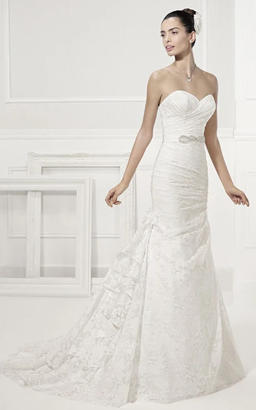 Crystal Waist Sheath Sweetheart Wedding Dress with Layered Lace Skirt