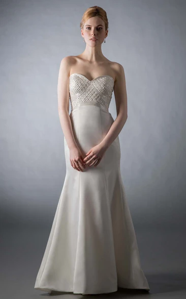 Sheath Sweetheart Beaded Satin Wedding Dress Floor-Length Sleeveless