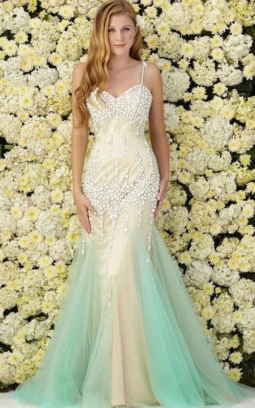 Mermaid Spaghetti Sleeveless Tulle Jersey Prom Dress with Beading in Multi-Color