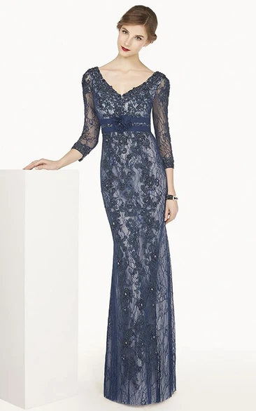 V-Neck Appliqued Lace Prom Dress with Beading and Flowers Sheath Floor-Length 3/4 Sleeves
