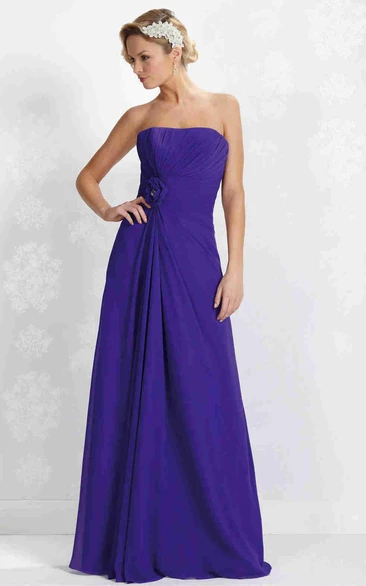 Strapless Ruched Chiffon Bridesmaid Dress with Flower & Lace-Up Maxi