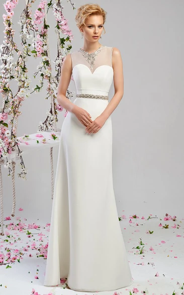 High Neck Jeweled Sleeveless Chiffon Wedding Dress with Illusion Sheath Floor-Length